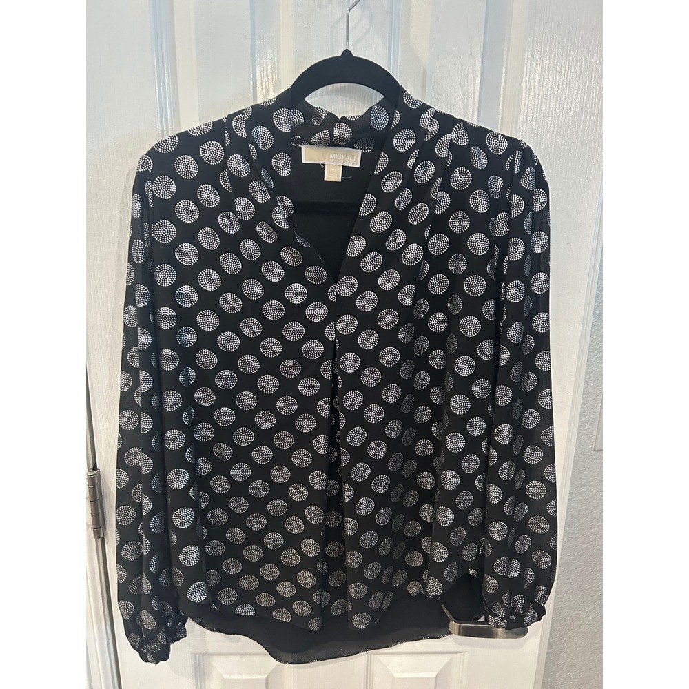 Michael Michael Kors Blouse Black Silver Metallic Dot V-Neck Long Sleeve Top P/L